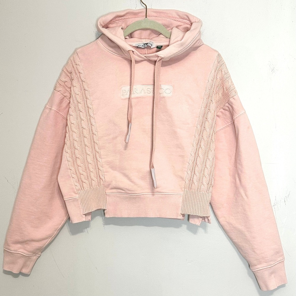PARASUCO Pink Cable Knit Detail Cropped Hoodie Sweatshirt Women's Size S Cozy‎